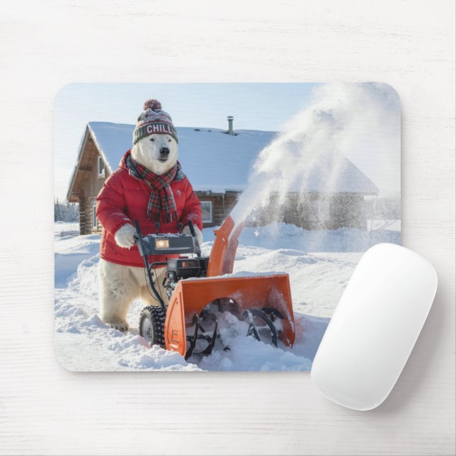 Polar Bear Pushing a Snowblower Mousepad (Mit Mouse)