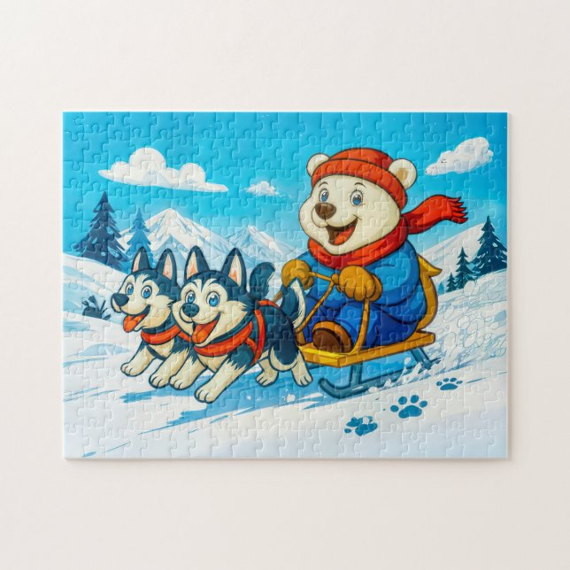 Polar Bear Racing a Husky Dog Sled Team (Horizontal)
