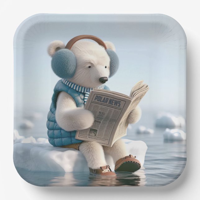 Polar Bear Reading a Newspapier Pappteller (Vorderseite)