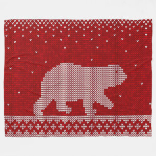 Polar Bear Red Background Knitter Style Muster Fleecedecke