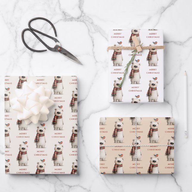 Polar Bear Robin Pattern White and cream Christmas Geschenkpapier Set (Vorderseite)