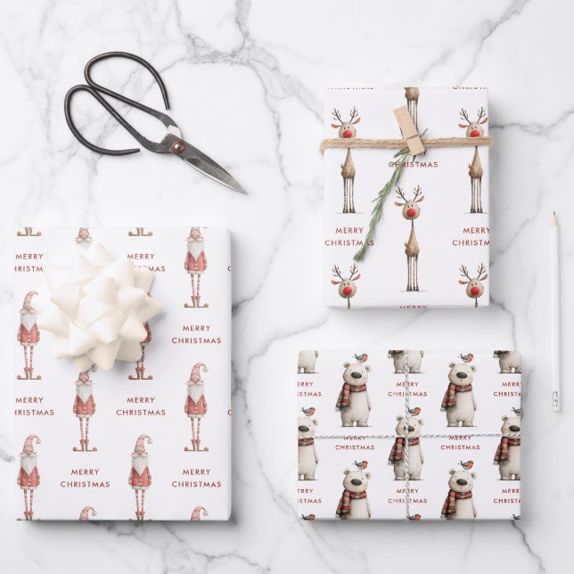Polar Bear Santa and Reindeer Christmas Geschenkpapier Set (Vorderseite)