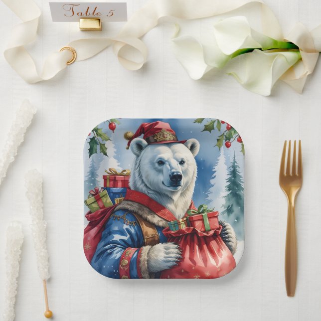 Polar Bear Santa Christmas Design Pappteller (Hochzeit)