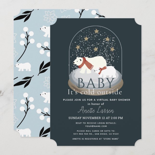 Polar Bear Snow Globe Virtual Baby Dusche Einladung (Vorne/Hinten)