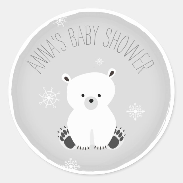 Polar Bear Snowflake Neutral Gray Baby Shower Runder Aufkleber (Vorderseite)