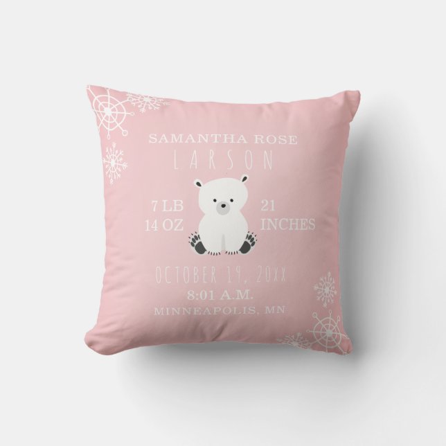 Polar Bear Snowflake Pink Baby Girl Birth Stats Kissen (Vorderseite)