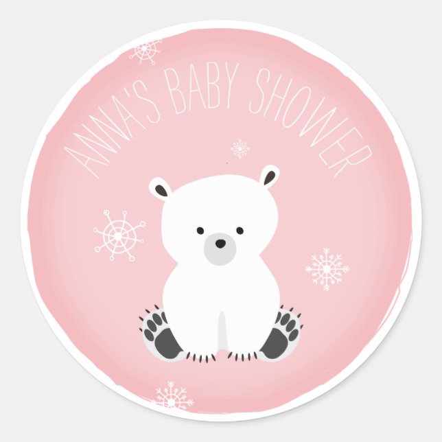 Polar Bear Snowflake Pink Girl Babydusche Runder Aufkleber (Vorderseite)