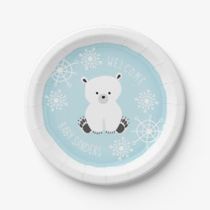Polar Bear Snowflake Winter Blue Boy Baby Dusche Pappteller