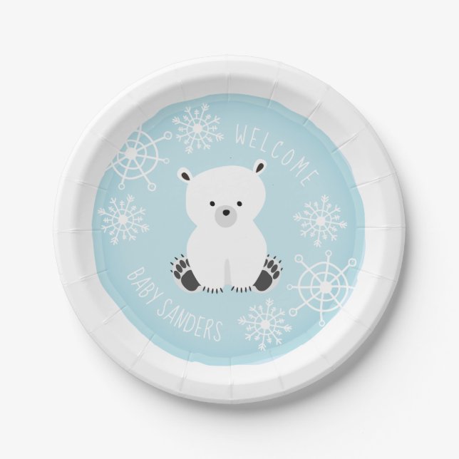 Polar Bear Snowflake Winter Blue Boy Baby Dusche Pappteller (Vorderseite)