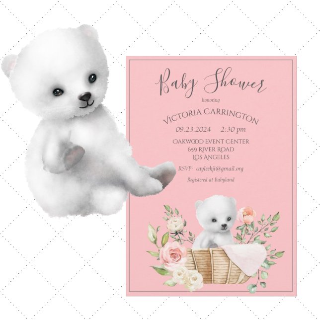 Polar Bear Watercolor Pink Babydusche Einladung (Von Creator hochgeladen)