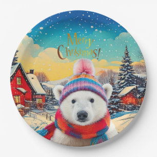 Polar Bear Weihnachtsmannmütze und Schal Frohe Wei Pappteller