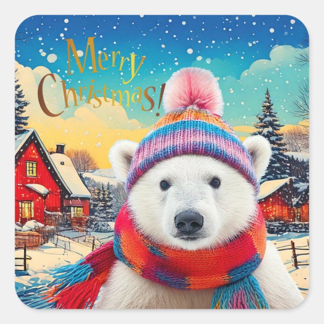 Polar Bear Weihnachtsmannmütze und Schal Frohe Wei Quadratischer Aufkleber (Vorderseite)