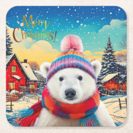 Polar Bear Weihnachtsmannmütze und Schal Frohe Wei Rechteckiger Pappuntersetzer