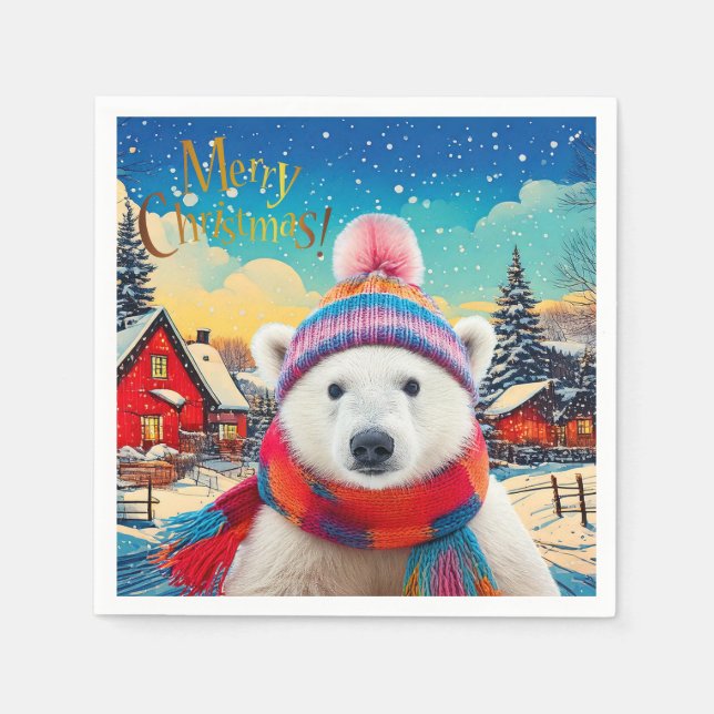 Polar Bear Weihnachtsmannmütze und Schal Frohe Wei Serviette (Vorderseite)