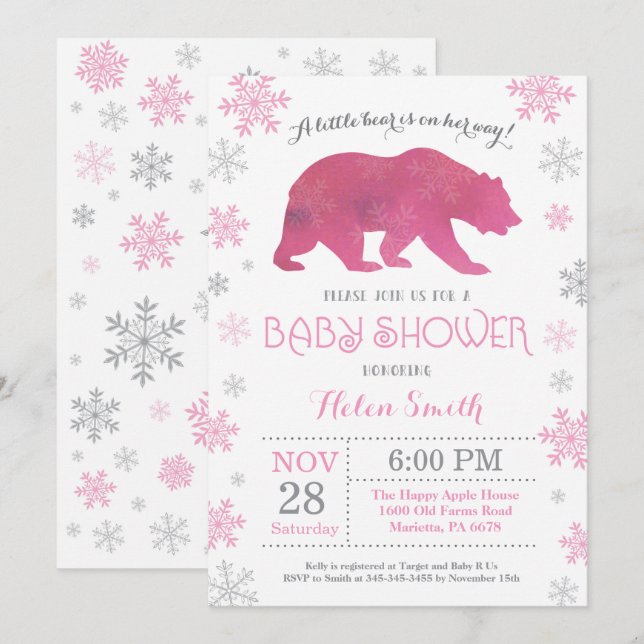 Polar Bear Winter Pink Girl Babydusche Schneeflock Einladung (Vorne/Hinten)
