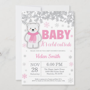 Polar Bear Winter Pink Girl Babydusche Schneeflock Einladung
