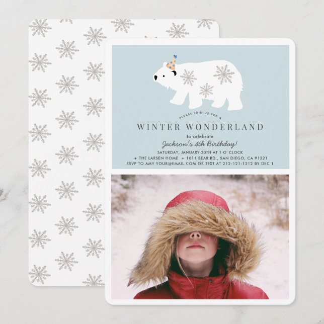 Polar Bear Winter Wonderland Foto Blue Birthday Einladung (Vorne/Hinten)