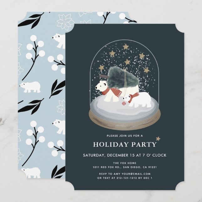 Polar Bears Snow Globe Navy Blue Holiday Party Einladung (Vorne/Hinten)