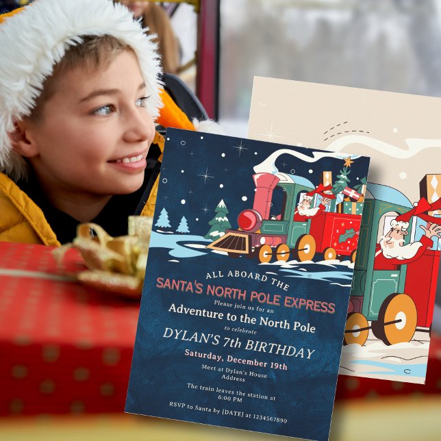 Polar Express Train Adventure Kids Birthday Party Einladung (Santa's Polar Express Train Kids Birthday Party North Pole Adventure Sleepover Invitation)