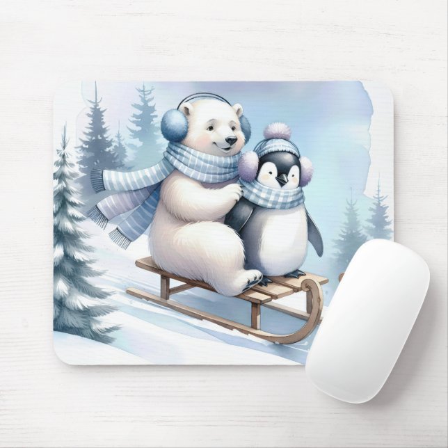 Polar und Pinguin auf Schlitten Mousepad (Mit Mouse)