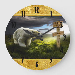Polarbär mit Blick auf das nordpolnische Holzschil Große Wanduhr