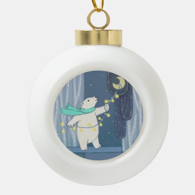 Polarbär und Mond Keramik Kugel-Ornament (Vorderseite)