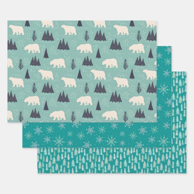 Polarbären und Waldbundle: Aquamarin blau Geschenkpapier Set (Set)