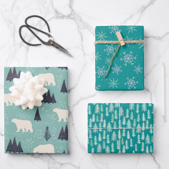 Polarbären und Waldbundle: Aquamarin blau Geschenkpapier Set (Vorderseite)