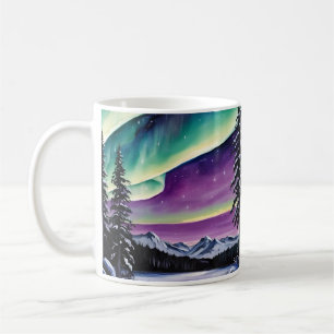 Polarlicht über verschneitem Wald, Kiefern, Landsc Kaffeetasse