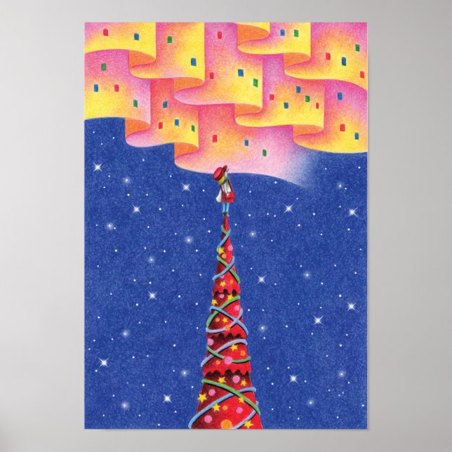 Polarlicht und ein Weihnachtsbaum. Poster (Vorne)