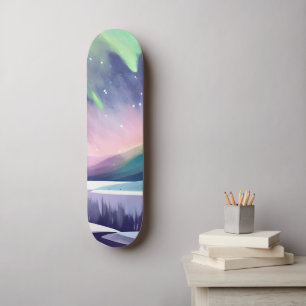 Polarlichter Farbige Winternacht Aquarell Skateboard