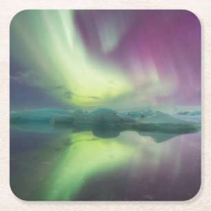 Polarlichter in Lagune Jökulsárlón, Island Rechteckiger Pappuntersetzer