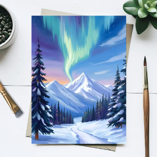 Polarlichter Winter Berglandschaft Aquarell Postkarte