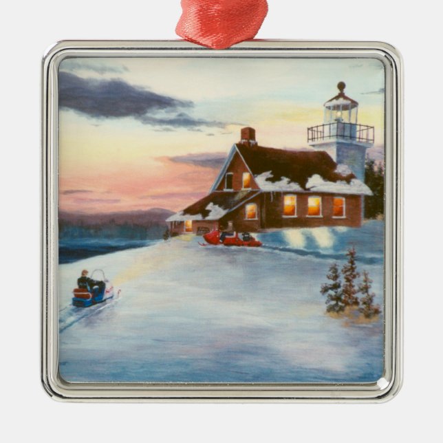 Polarstern-Sonnenuntergang-Leuchtturm-Verzierung Silbernes Ornament (Vorne)