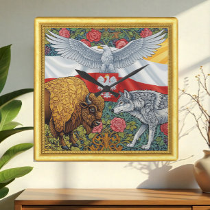 Polen, Bison, Wolf, Polnischer Adler, Jugendstil Quadratische Wanduhr