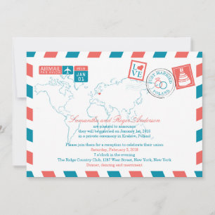 POLEN Korallenrote und Türkise Luftpost-Hochzeit n Einladung