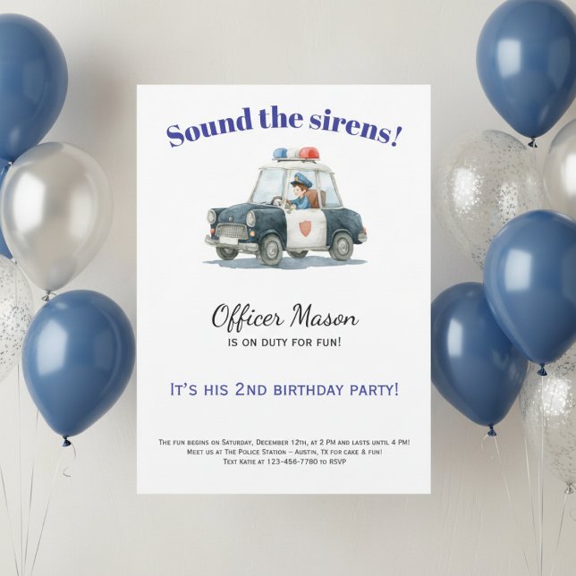 Police Birthday Invitation • Officer Car Einladung (Watercolor police birthday invitation for boy with blue balloon decor and neutral background)