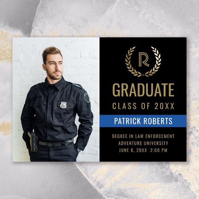 Police Black Gold Laurel Wreath Foto Abschluss Ankündigung (Classic Black Blue Photo Police Graduation Announcement)