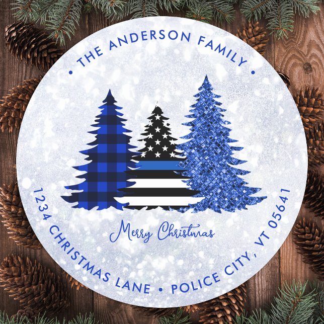 Police Christmas Blue Holiday Tree Rücksendeadress Runder Aufkleber (Von Creator hochgeladen)
