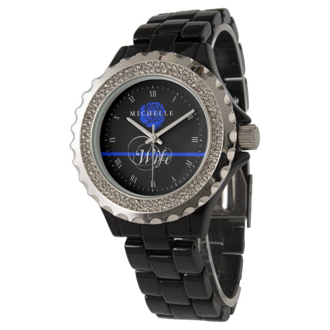 Police Ehefrau Thin Blue Line Rose Individuelle Na Armbanduhr (Schrägansicht)