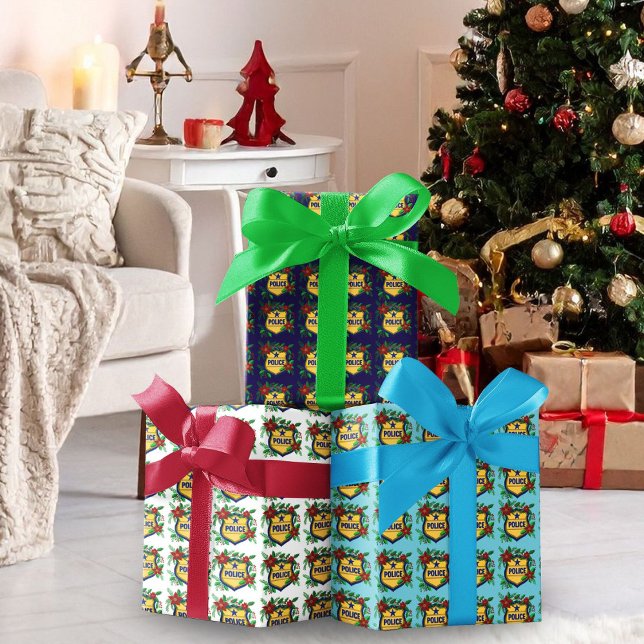Police Merry Christmas Shield with Poinsettia  Geschenkpapier Set (Von Creator hochgeladen)