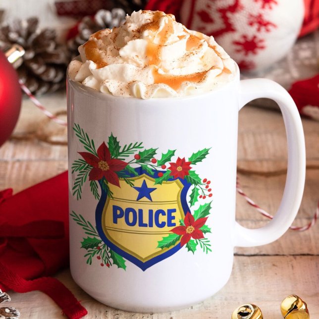 Police Merry Christmas Shield with Poinsettia  Kaffeetasse (Von Creator hochgeladen)