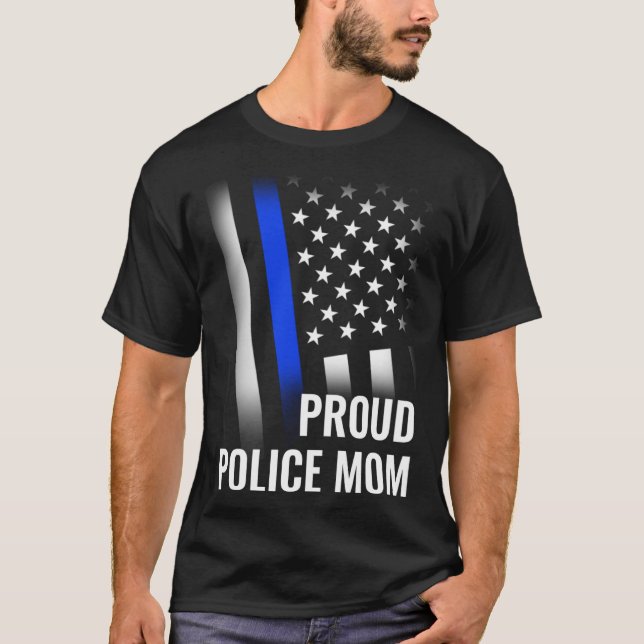 Police Mom Printed On Back Proud Police Flag T-Shirt (Vorderseite)