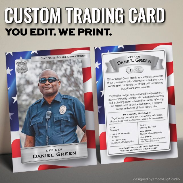 Police Personnalisée Cartes de commerce US Drapeau (Custom Police Officer Trading Cards with USA Flag and Silver Elements)