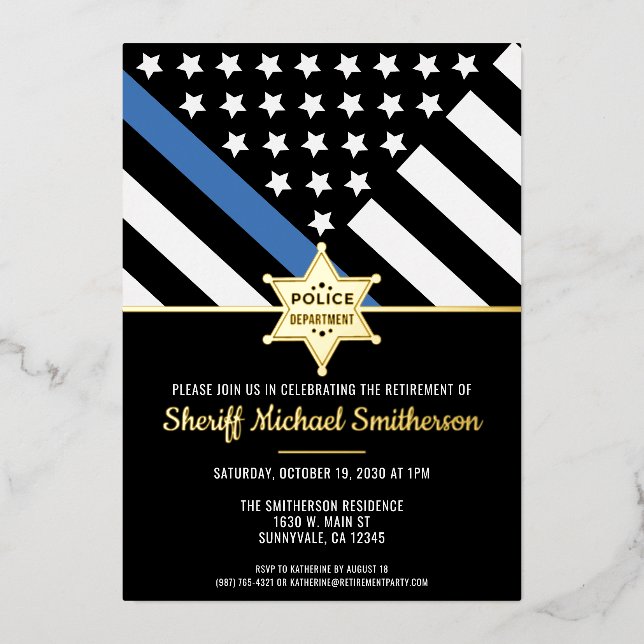 Police Sheriff Retirement Thin Blue Line Flag Folieneinladung (Vorderseite)