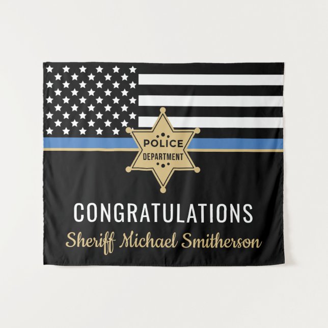 Police Sheriff Retirement Thin Blue Line Flag Wandteppich (Vorderseite (Horizontal))