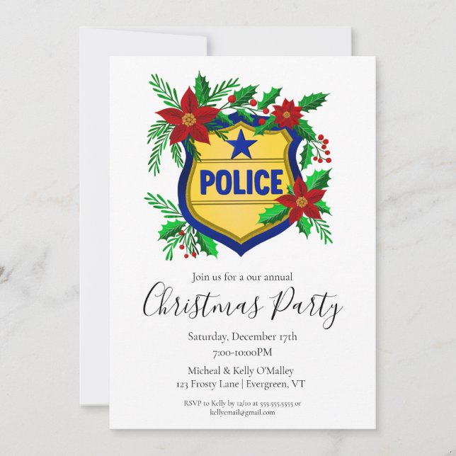 Police Shield with Poinsettia Merry Christmas  Einladung (Vorderseite)