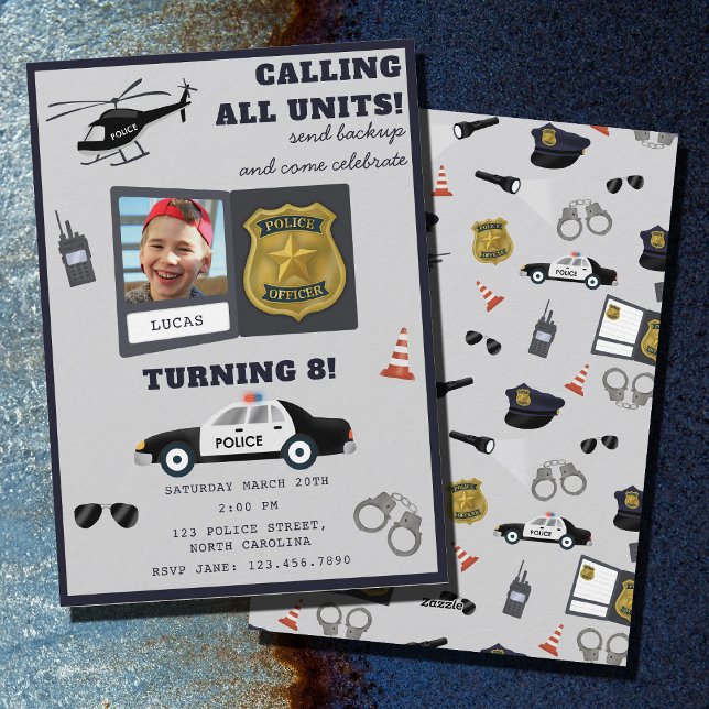 Police Themed Policeman Cop Birthday Photo Einladung (Police Themed Policeman Cop Birthday Photo Invitation)