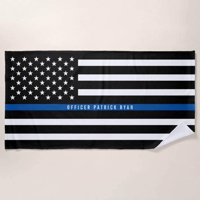 Police Thin Blue Line American Flag Mit Monogramm Strandtuch (Vorderseite)