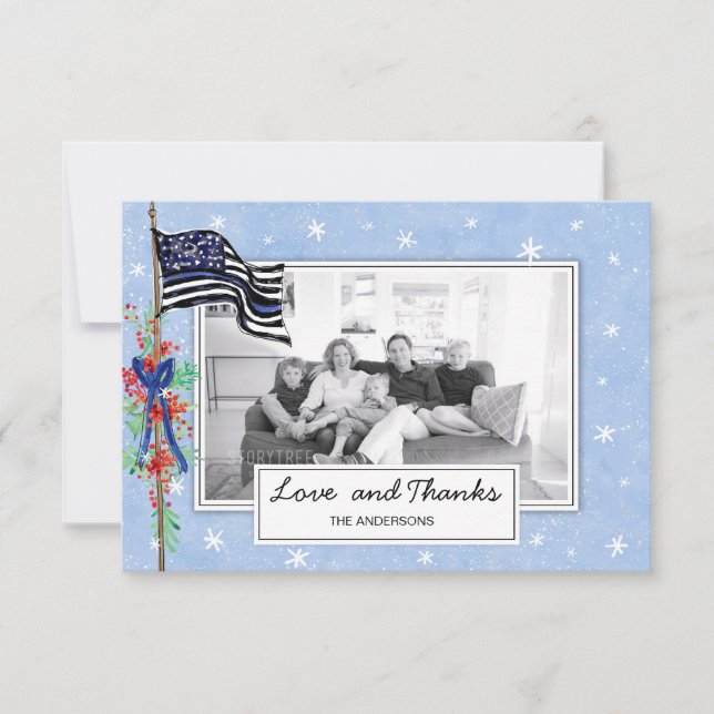 Police Thin Blue Line Flag Familienurlaub Foto Dankeskarte (Vorderseite)